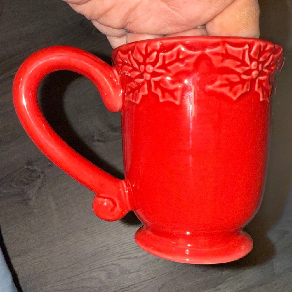 William Sonoma Red Holiday Mug with Embossed House with Sled Design